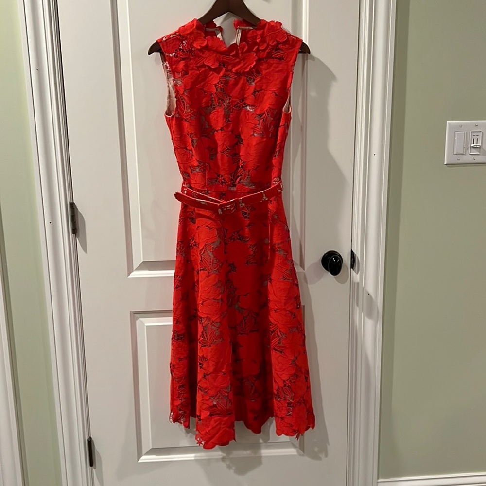 Oscar de la Renta Red Magnolia Belted Guipure Lace A-Line Dress in Sienna NWT 6 - Picture 5 of 6